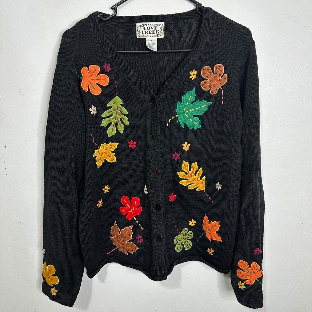 Cove Creek Womens Black Fall Leaf Embroidered Beaded Cardigan Sweater Medium